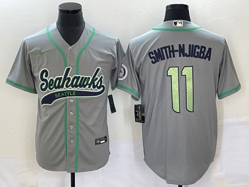Men's Seattle Seahawks #11 Jaxon Smith-Njigba Grey With Patch Cool Base Stitched Baseball Jersey Men's Seattle Seahawks #11 Jaxon Smith-Njigba Grey With Patch Cool Base Stitched Baseball Jersey